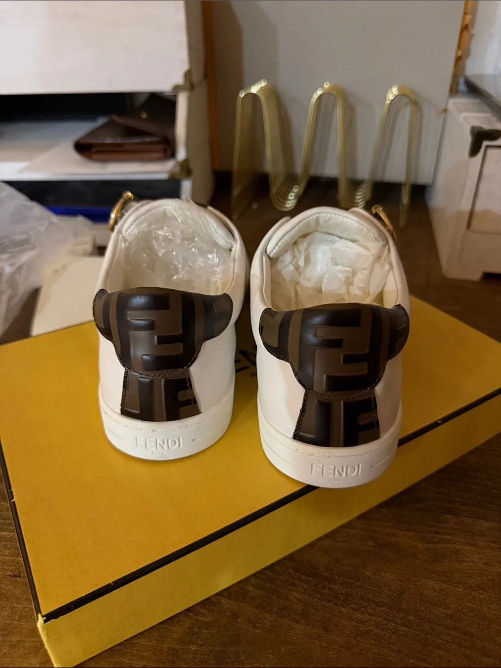 Fendi White Leather Sneakers with Brown Logo Buckle Strap